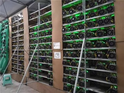 A futuristic mining farm bustling with activity